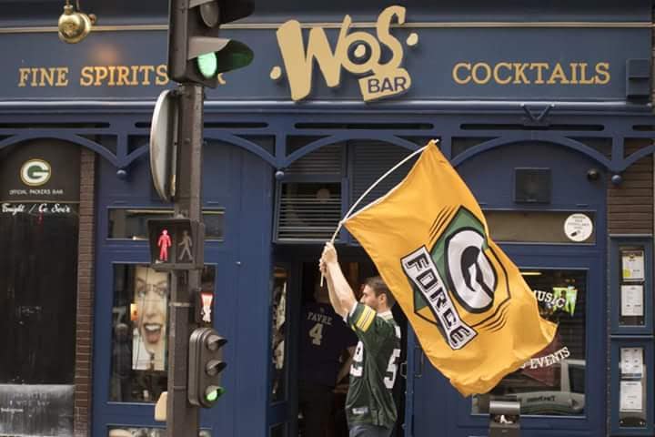 Packers flag outside WOS Bar in Paris